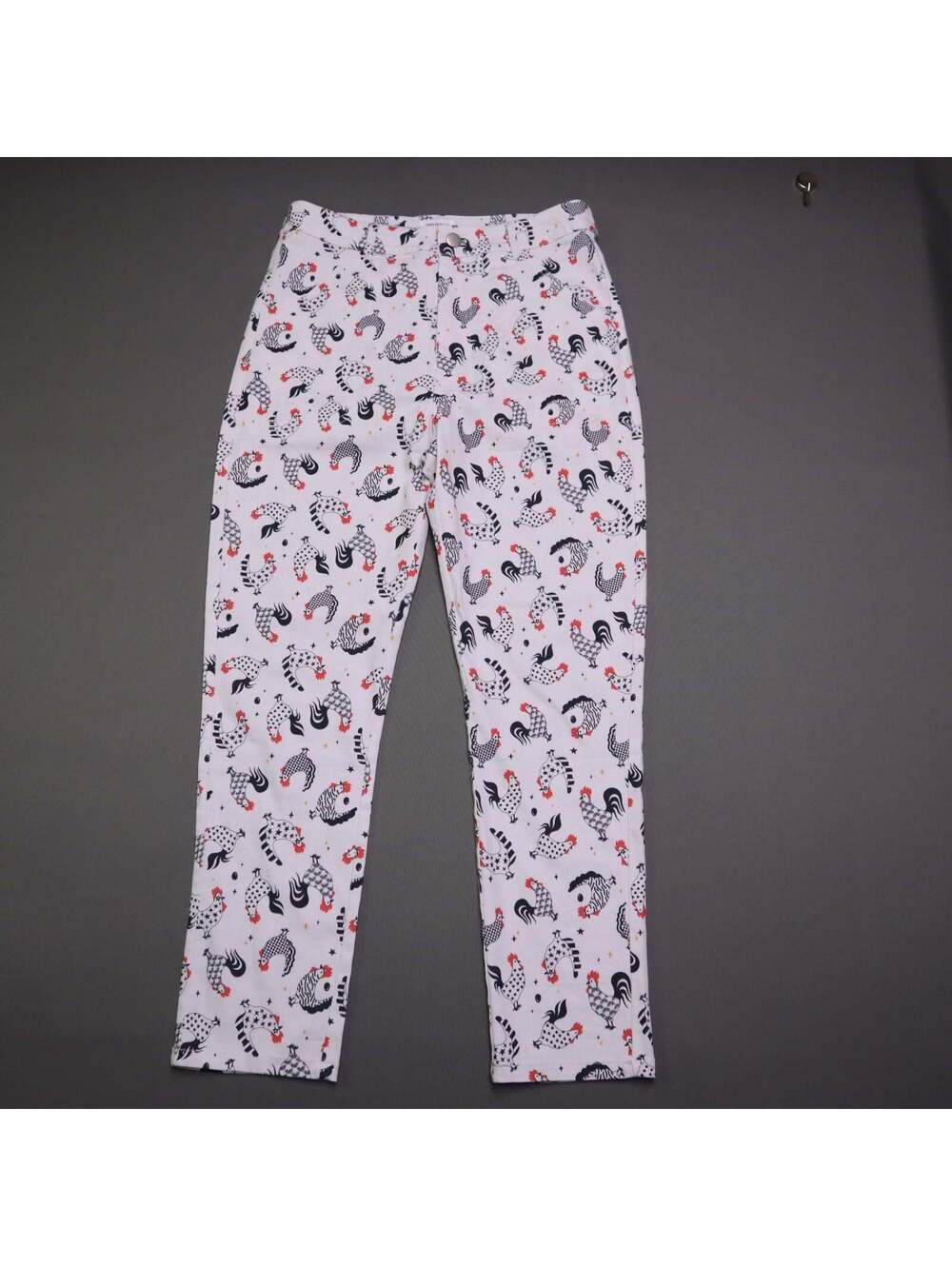 Unique Vintage Womens Medium M 6-8 White Chicken Rooster Print Pants NWT Retro